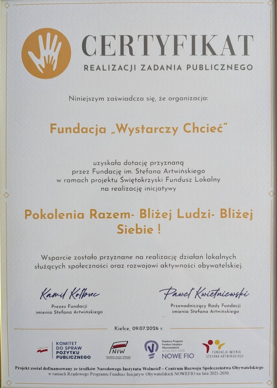 Certyfikat realizacji zadania publicznego dla inicjatywy Pokolenia Razem - Bliżej Ludzi - Bliżej Siebie