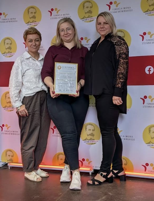 Certyfikat dla Fundacji Wystarczy Chcieć odebrany podczas wydarzenia Fundacji imienia Stefana Artwińskiego